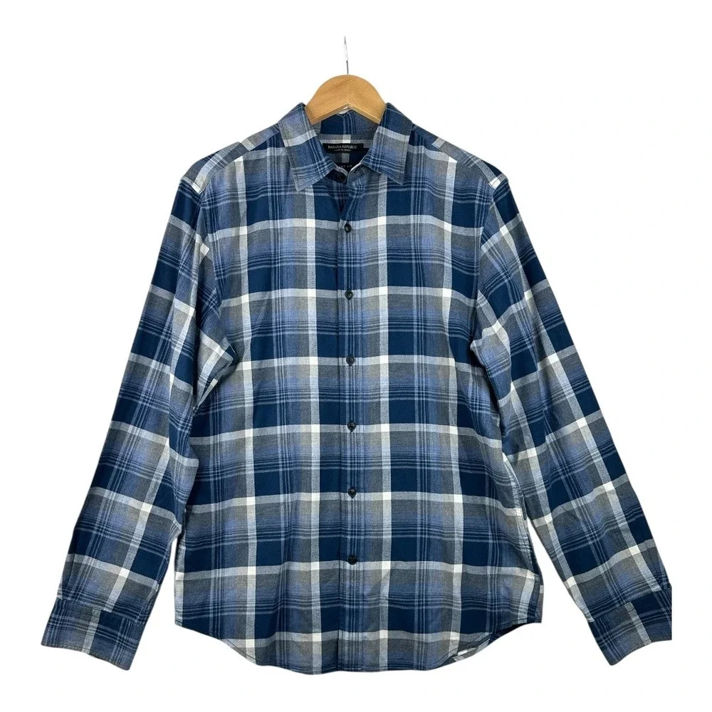 Banana Republic Luxe‎ Flannel Plaid Long Sleeve Button Down size Medium Blue